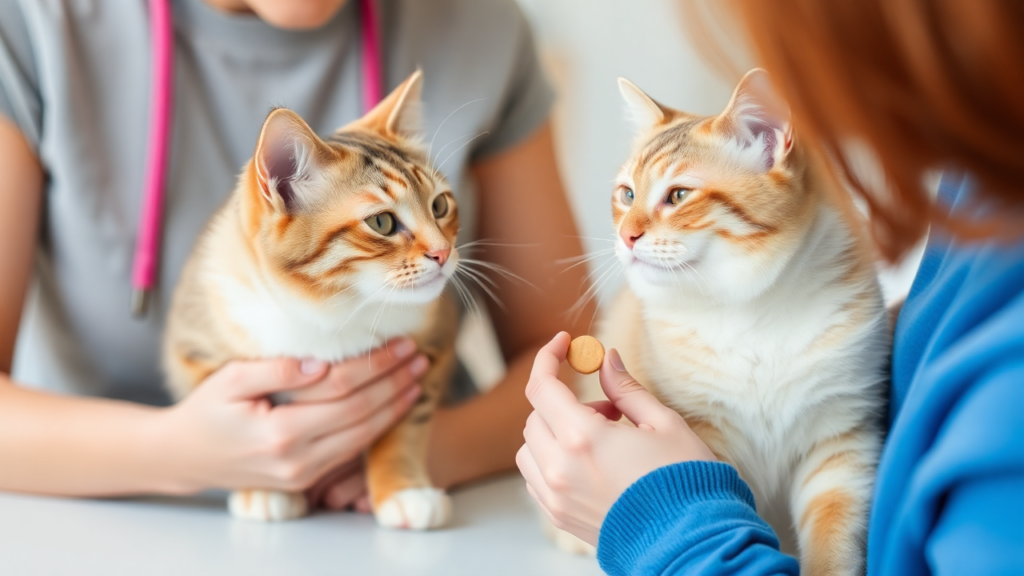 A cat owner bonding with their cat through gentle petting and treats before administering medication.