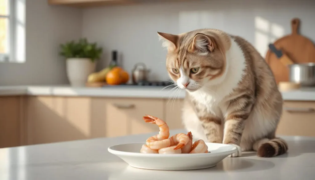 A domestic cat curiously sniffing a small plate of cooked shrimp on a kitchen counter.