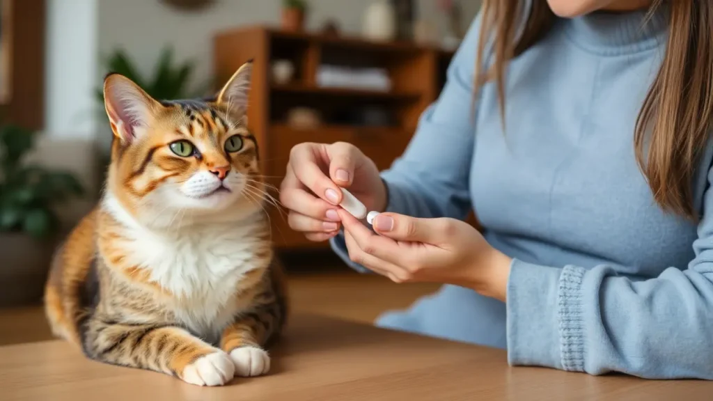 A cat owner giving an oral tablet to their cat in a calm home setting.