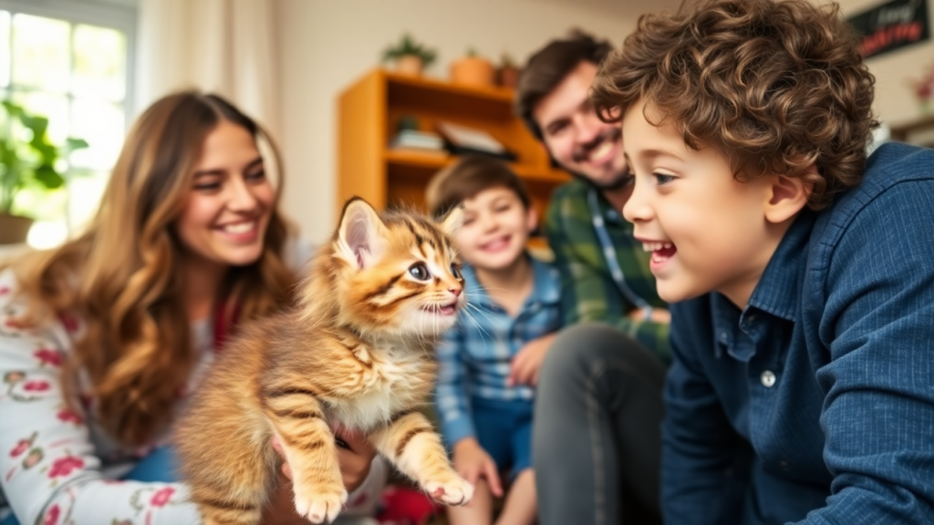 A family meeting a curly-haired kitten for the first time in a cozy living room, highlighting the joy of adoption.