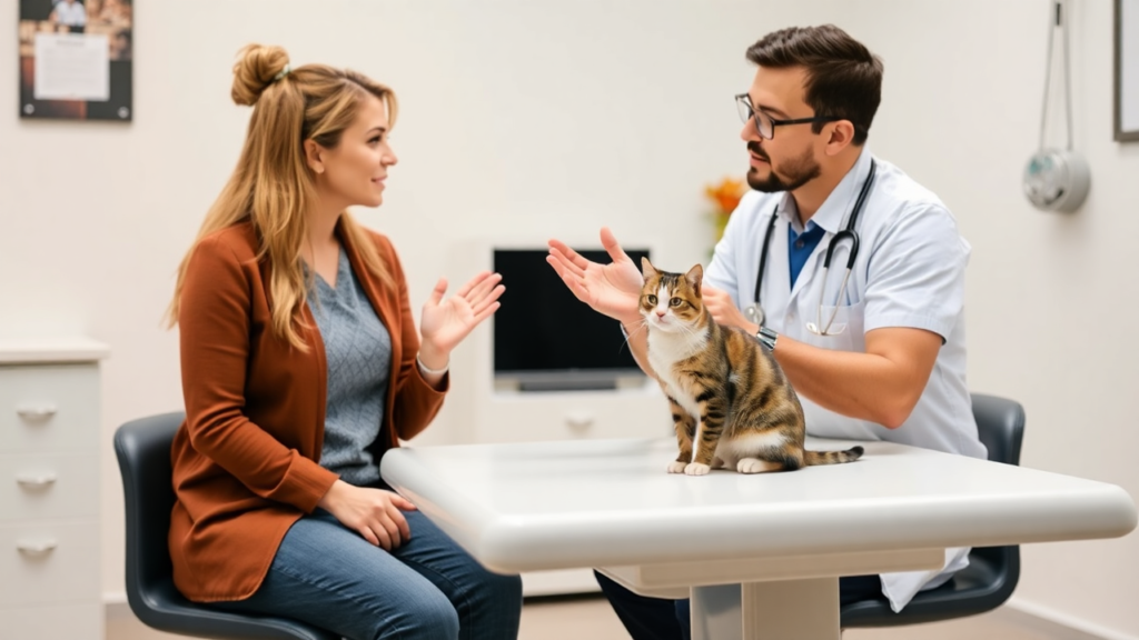 A veterinarian discussing nutritional advice with a cat owner.