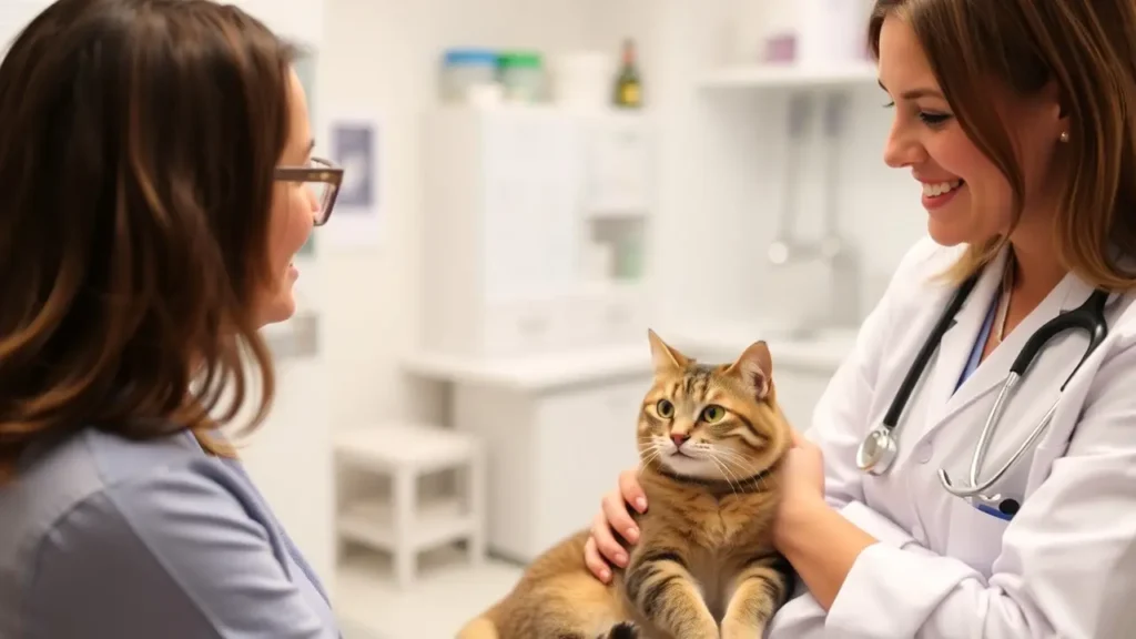 A cat owner asking a veterinarian questions during a consultation.