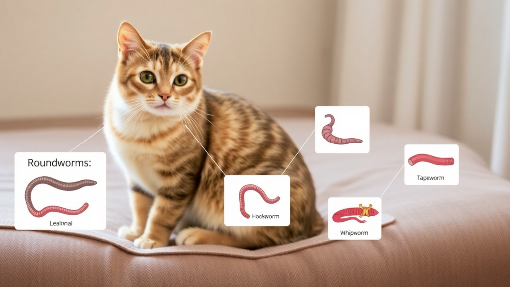 An infographic showing realistic illustrations of roundworms, tapeworms, hookworms, and whipworms.