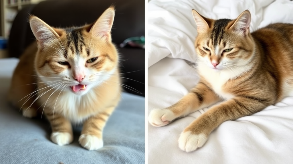 A side-by-side comparison of a cat with fleas scratching and a healthy, relaxed cat resting on a blanket.