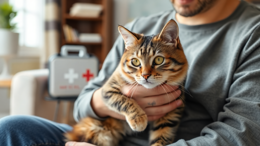 A cat owner holding their sick tabby cat, showing concern, with a first-aid kit nearby.