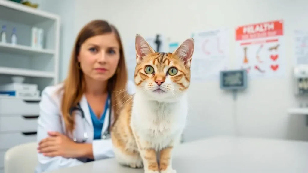 A cat owner consulting with a veterinarian about their cat's health in a clean clinic.