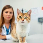 A cat owner consulting with a veterinarian about their cat's health in a clean clinic.