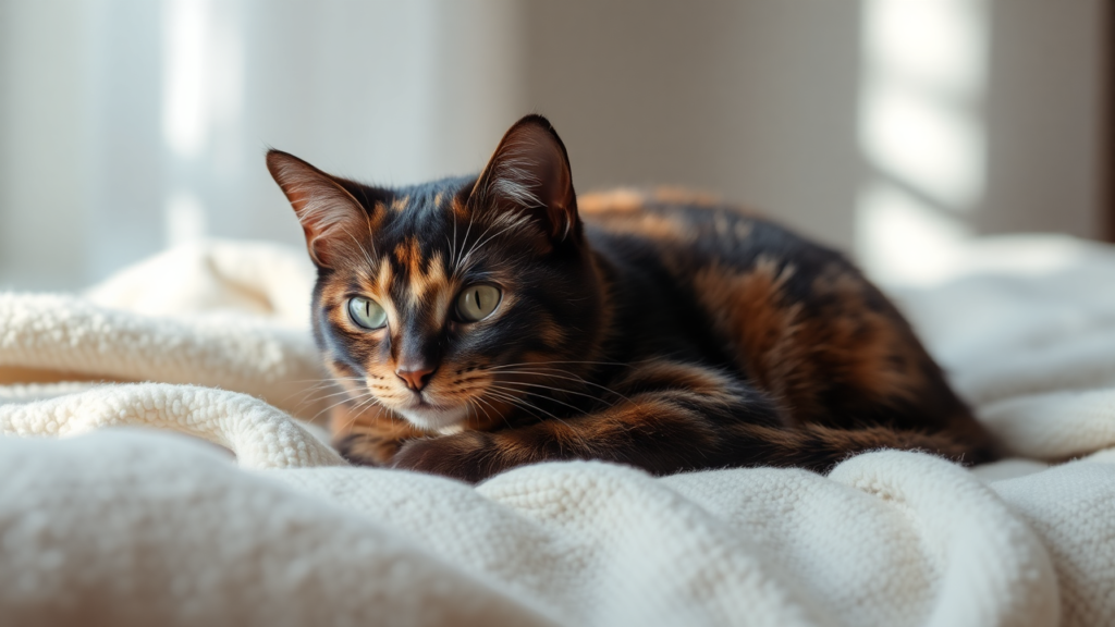 A serene dilute tortoiseshell cat resting on a soft blanket in a warm, tranquil setting.