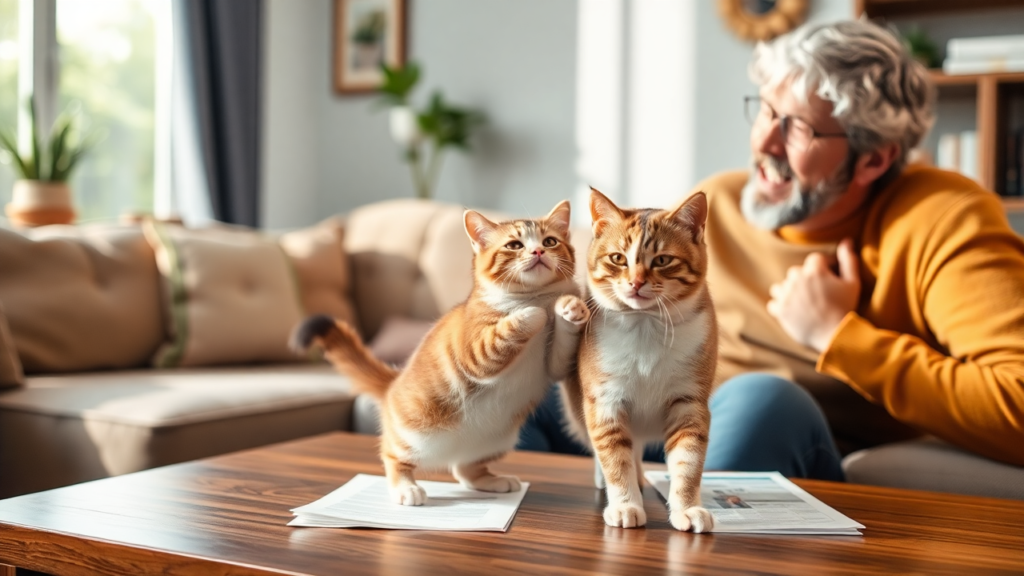 A playful domestic cat interacting with its owner in a cozy living room, showing signs of good health and recovery.