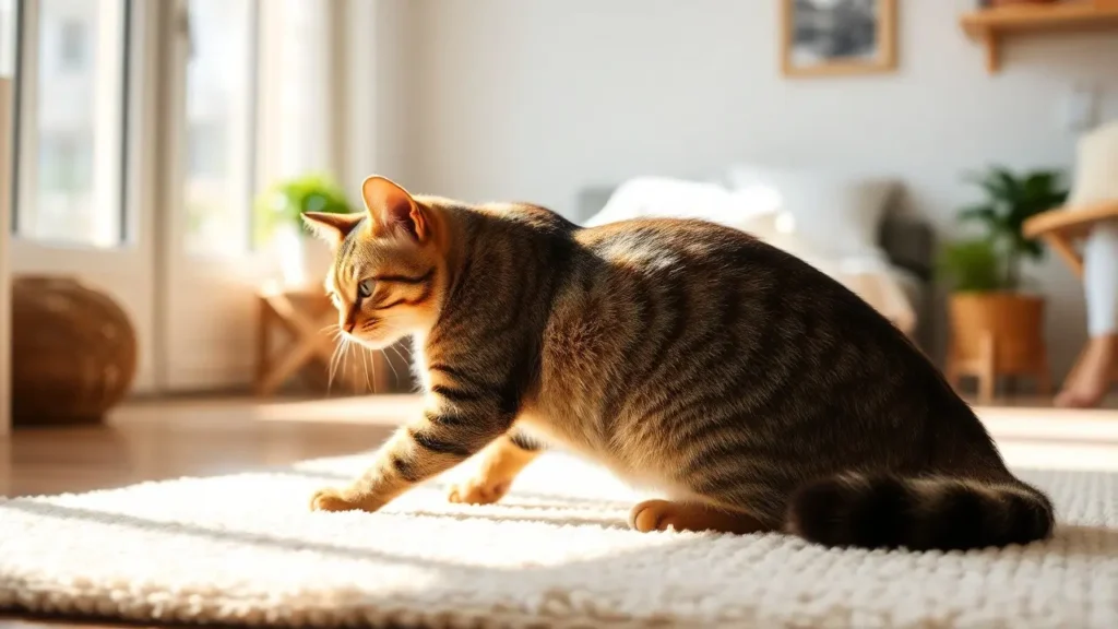 A healthy cat basking in sunlight on a soft rug in a clean home.