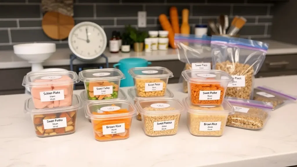 Homemade cat food containers for Maine Coons on a kitchen countertop, labeled with dates and ingredients.