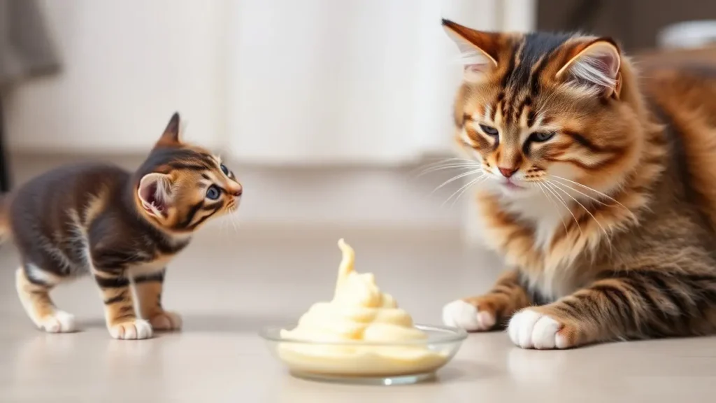 A kitten being trained with creamy food while another cat enjoys bonding time with its owner.