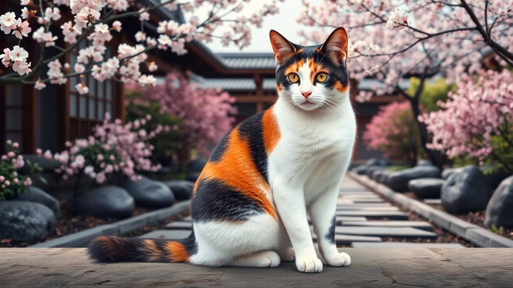 A calico cat sitting in a Japanese garden surrounded by cherry blossoms.