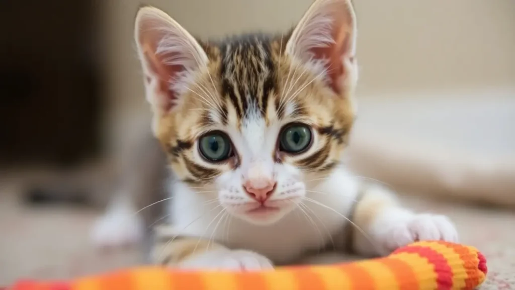 Playful Maine Coon kitten sitting next to a colorful toy in a cozy setting.