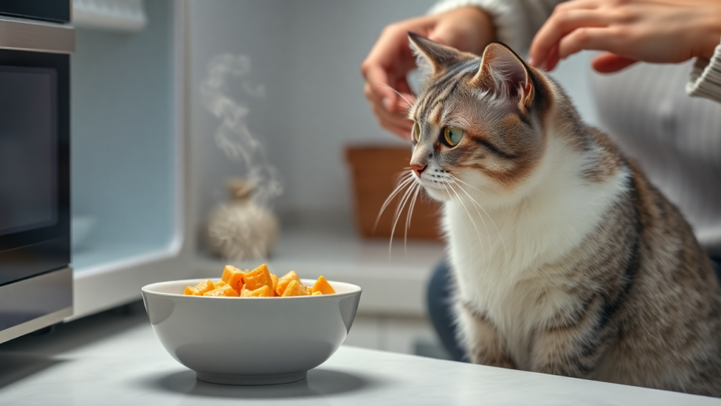 A senior cat hesitates near its food bowl while the owner warms up the food to enhance its aroma.