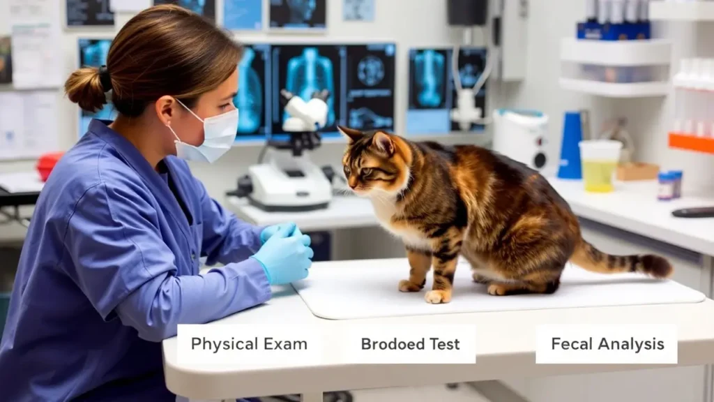 A veterinarian examining a cat using diagnostic tools like x-rays and test tubes.