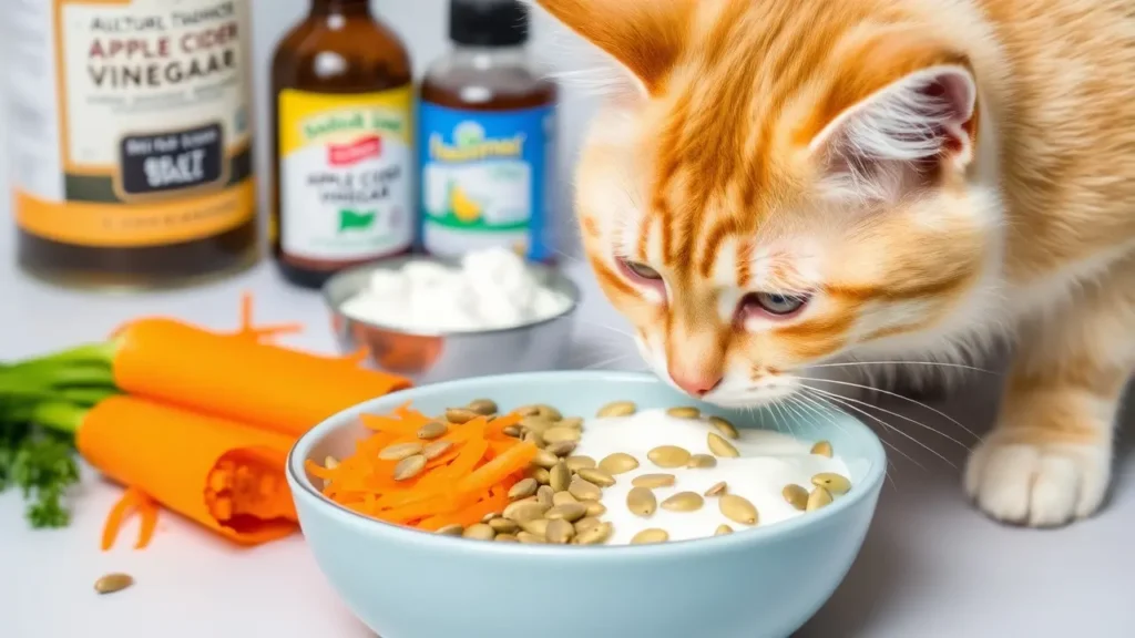 A cat eating a nutritious meal with pumpkin seeds, carrots, and apple cider vinegar, supported by a reliable dewormer for cats for optimal health.