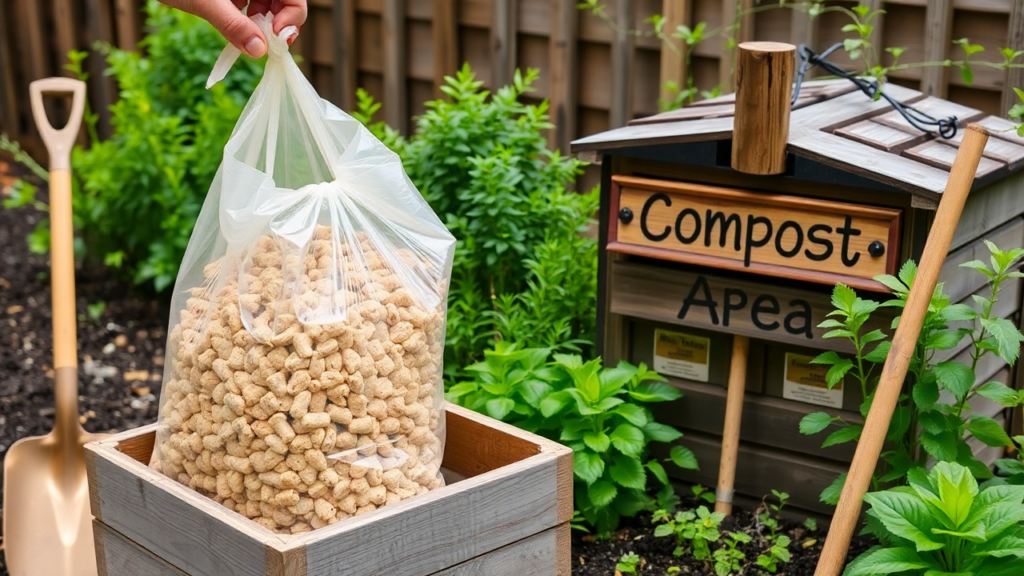 A biodegradable bag being emptied into a compost bin surrounded by a vibrant garden.