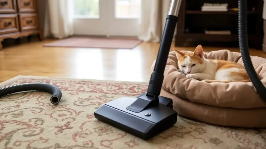 A vacuum cleaner in use on a rug while a cat relaxes nearby.