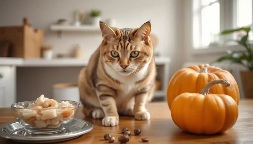 A meal prep setup with fresh ingredients like shrimp, chicken, and pumpkin for cats.