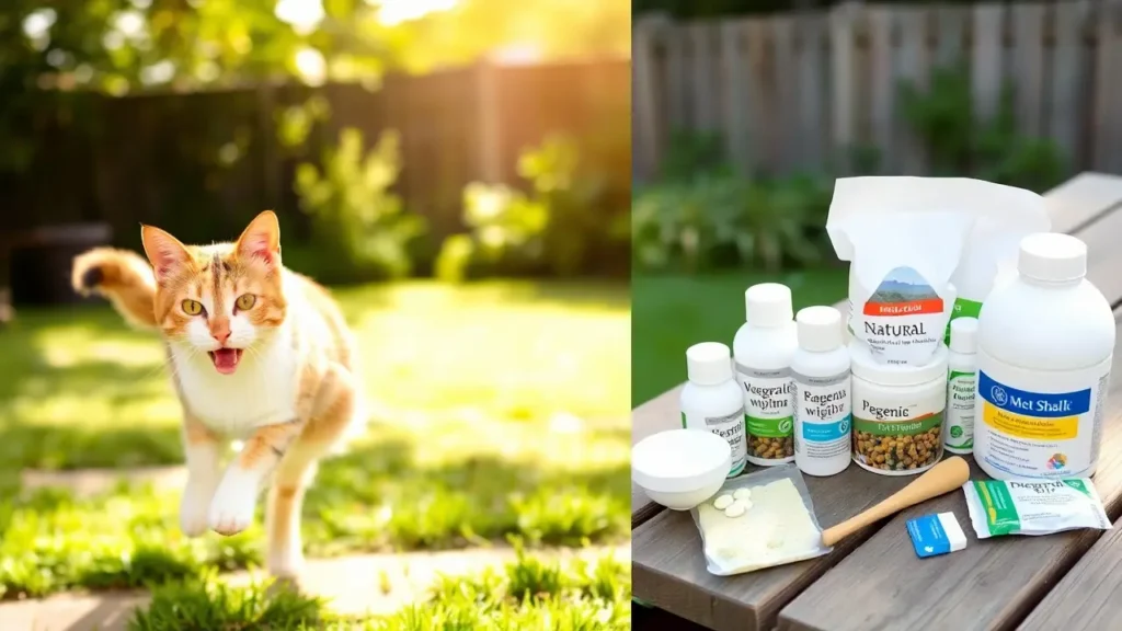 A healthy cat playing in a clean backyard with deworming tools in the background.