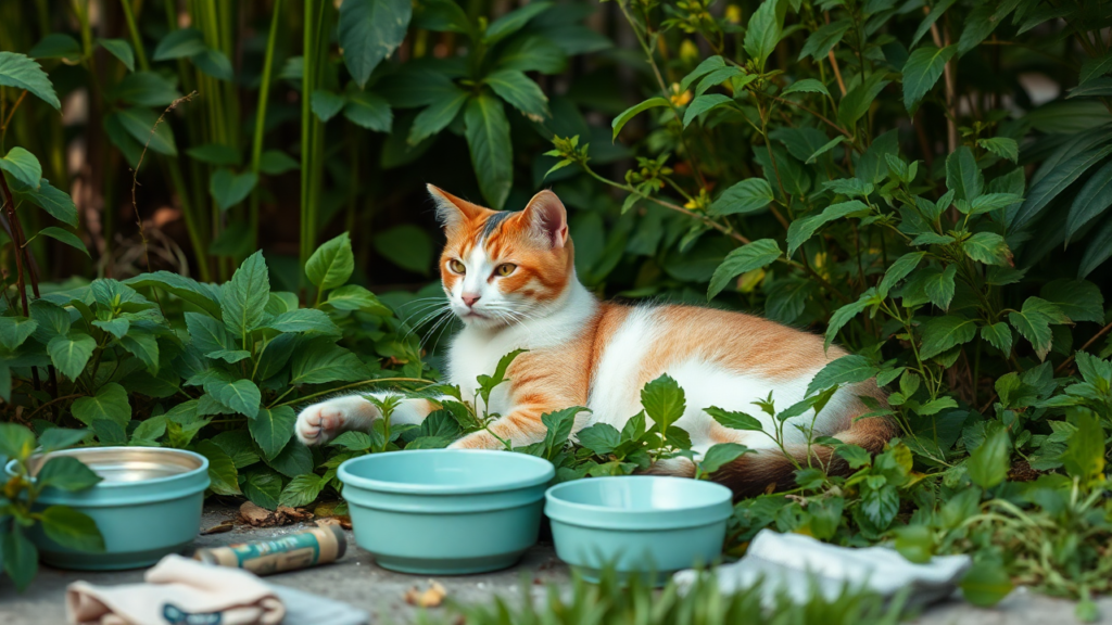 A relaxed cat lying in lush greenery, surrounded by eco-friendly elements.