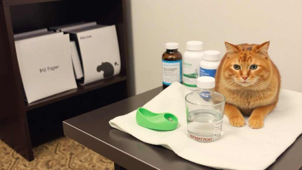 A well-organized setup with tools like a pill popper, treats, water, and a towel in a quiet room, demonstrating how to give a cat a pill effectively.