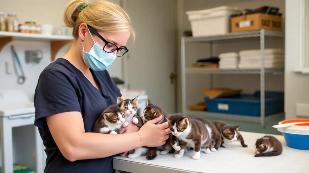 A breeder interacting with Maine Coon kittens in a clean, well-maintained facility.