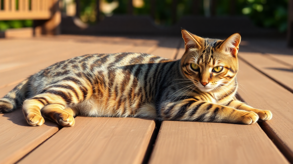 A brindle-patterned cat lying on a wooden deck with intricate tiger-like stripes.