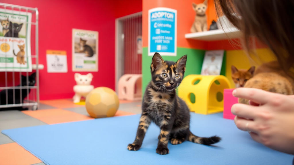 A dilute tortoiseshell kitten playing in an animal shelter adoption area filled with toys.