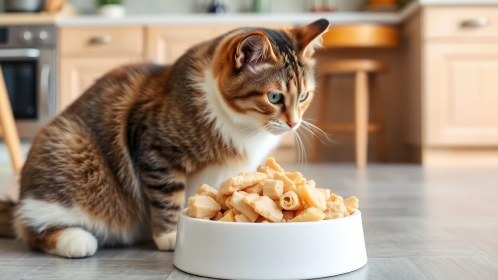 A cat hesitates to eat bland food in a clean kitchen setting.