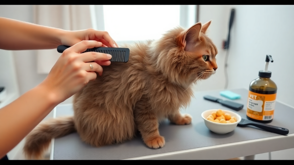 A Selkirk Rex cat being groomed with a wide-toothed comb on a clean grooming table, surrounded by grooming tools.