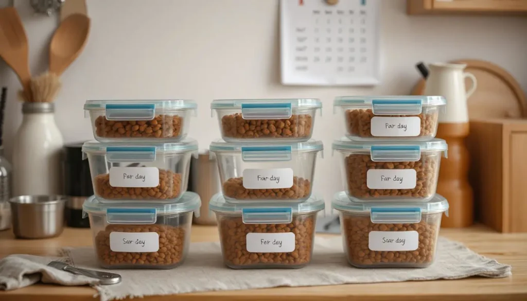 Labeled airtight containers holding portions of homemade cat food, with a visible checklist and calendar.