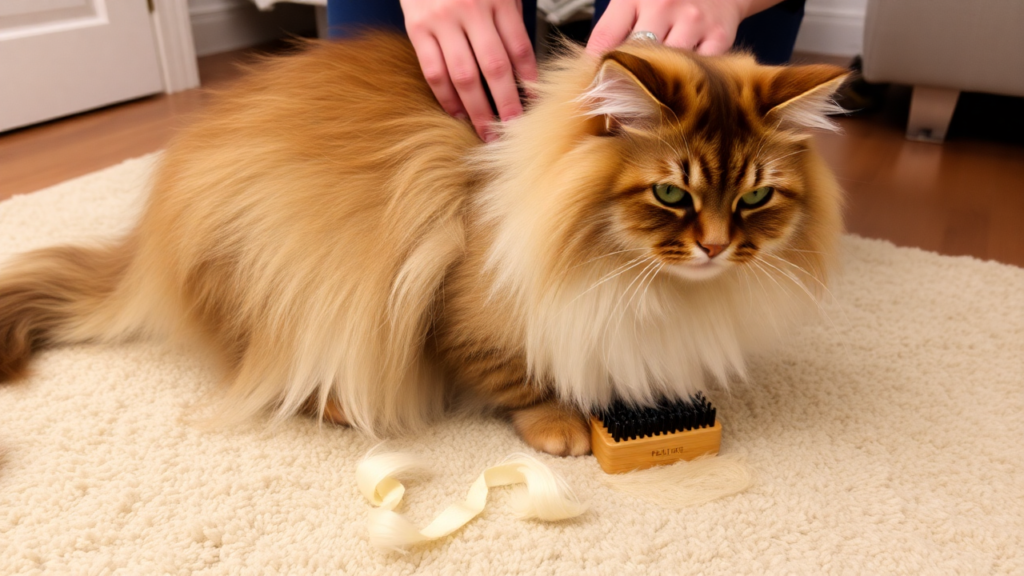 A long-haired cat being groomed to prevent hairball-related vomiting.