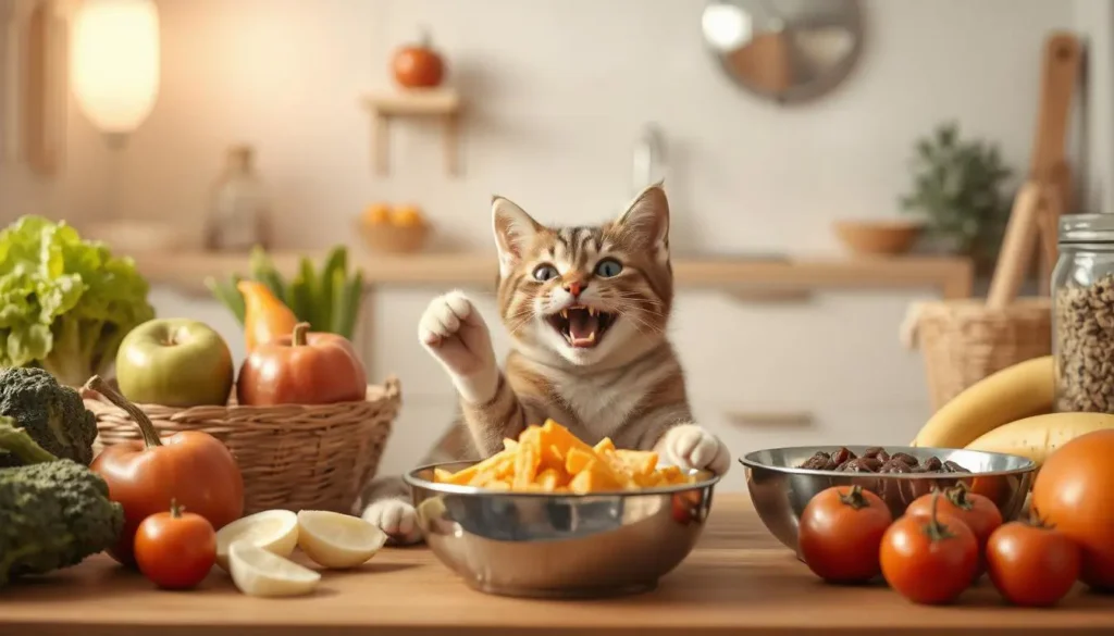 A playful cat surrounded by bowls of homemade food and fresh ingredients, such as pumpkin and salmon.