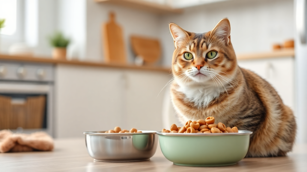 A healthy, well-groomed cat sitting next to a bowl of wet cat food, looking curious as a pet owner gently serves the meal.