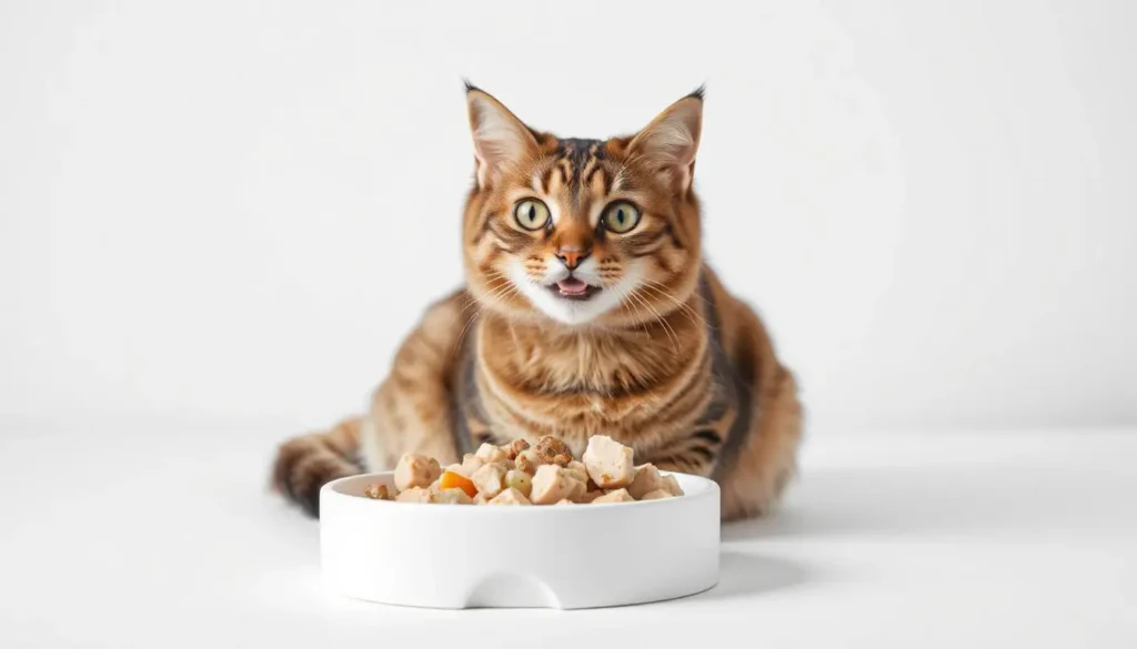 A happy cat enjoying a bowl of fresh Smalls cat food, featuring chunks of chicken and vegetables, on a clean white background.