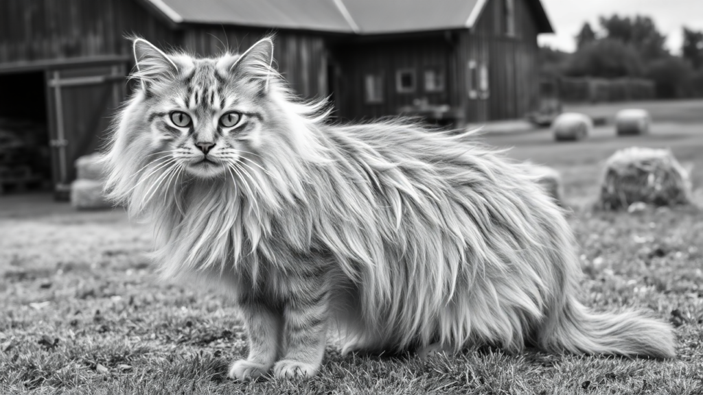 A farm cat with natural wavy fur sitting near a rustic barn, with haystacks in the background.