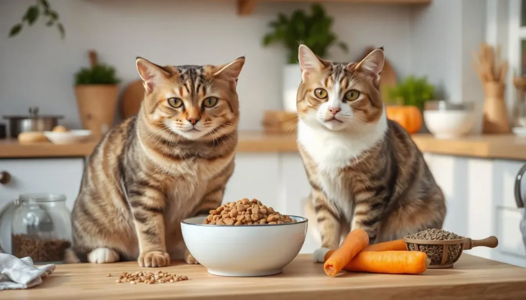 A healthy cat enjoying a bowl of high-fiber homemade food in a cozy kitchen surrounded by fresh ingredients like pumpkin, carrots, and salmon