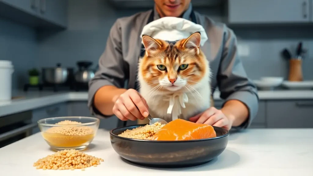 A person preparing homemade cat food with fresh ingredients in a modern kitchen.