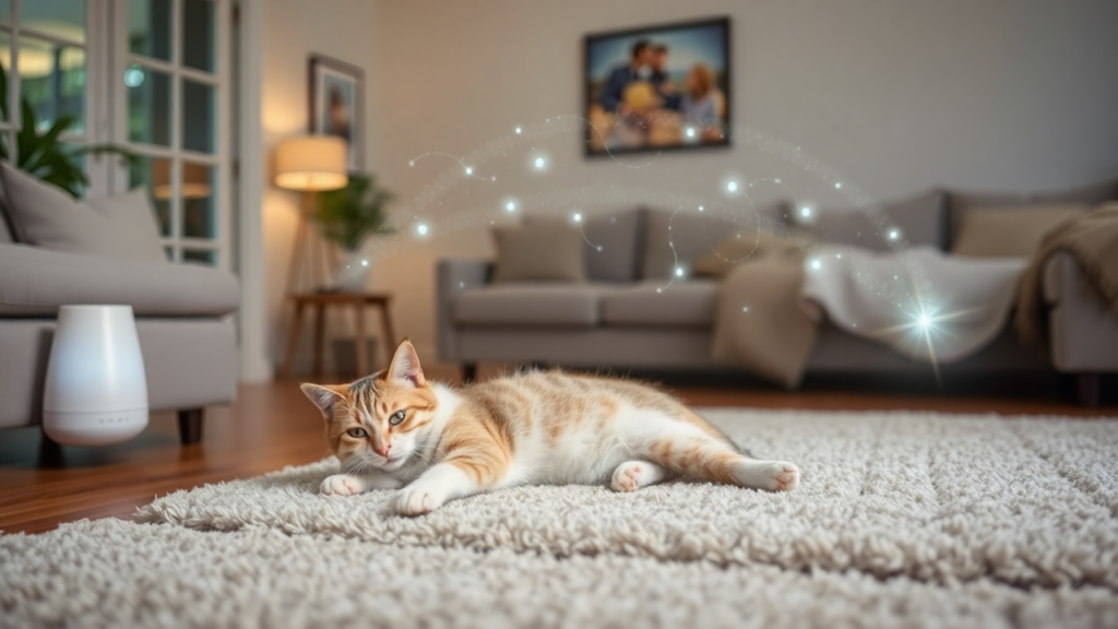 A calm cat lying on a rug with glowing waves representing calming pheromone dispersion.