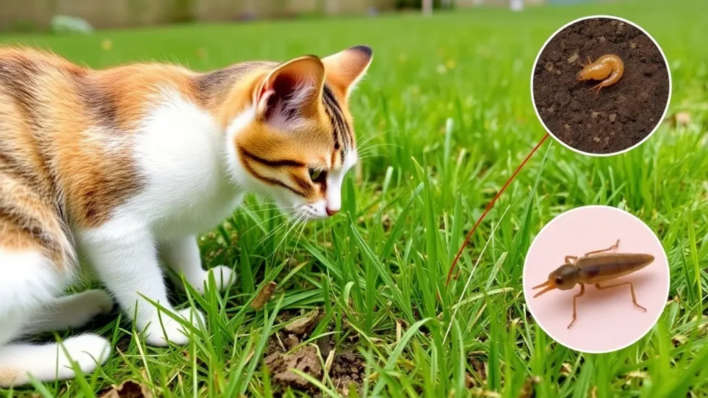 A cat exploring the outdoors near contaminated soil and potential worm sources.