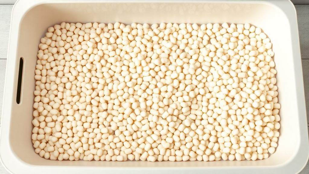 A litter box showing fresh pine pellets, partially expanded pellets absorbing moisture, and fully clumped pellets ready for disposal.