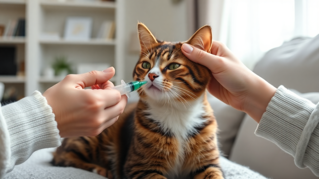 A calm cat receiving a liquid dewormer via a syringe in a clean home setting.