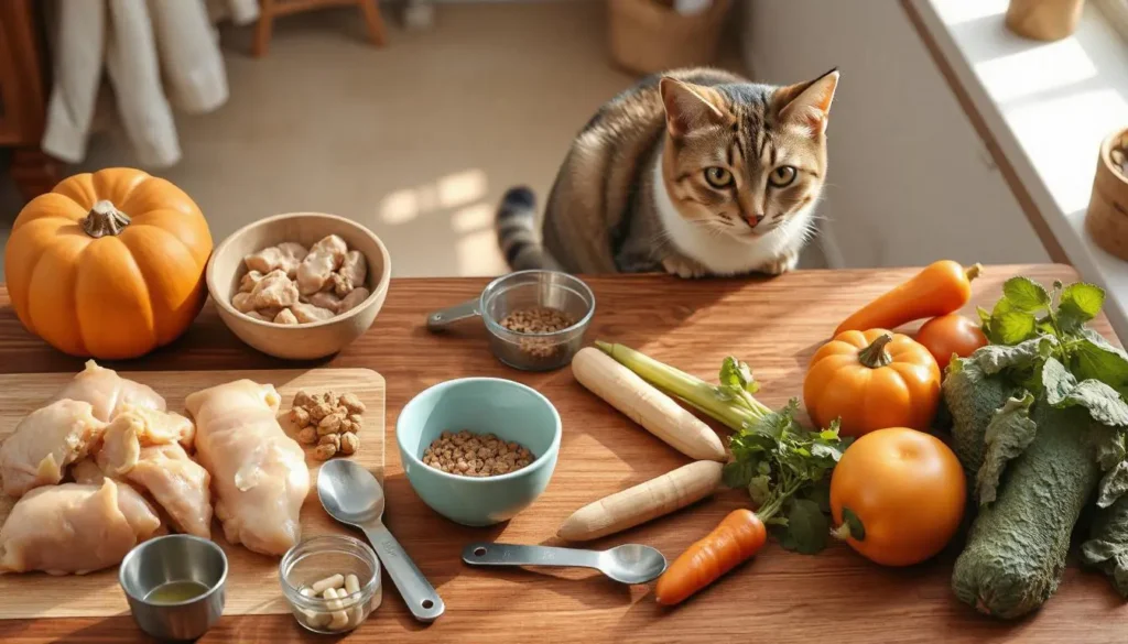 A modern kitchen setup featuring fresh ingredients for cat food preparation, including chicken, liver, pumpkin, and supplements, with a curious cat watching from the counter.