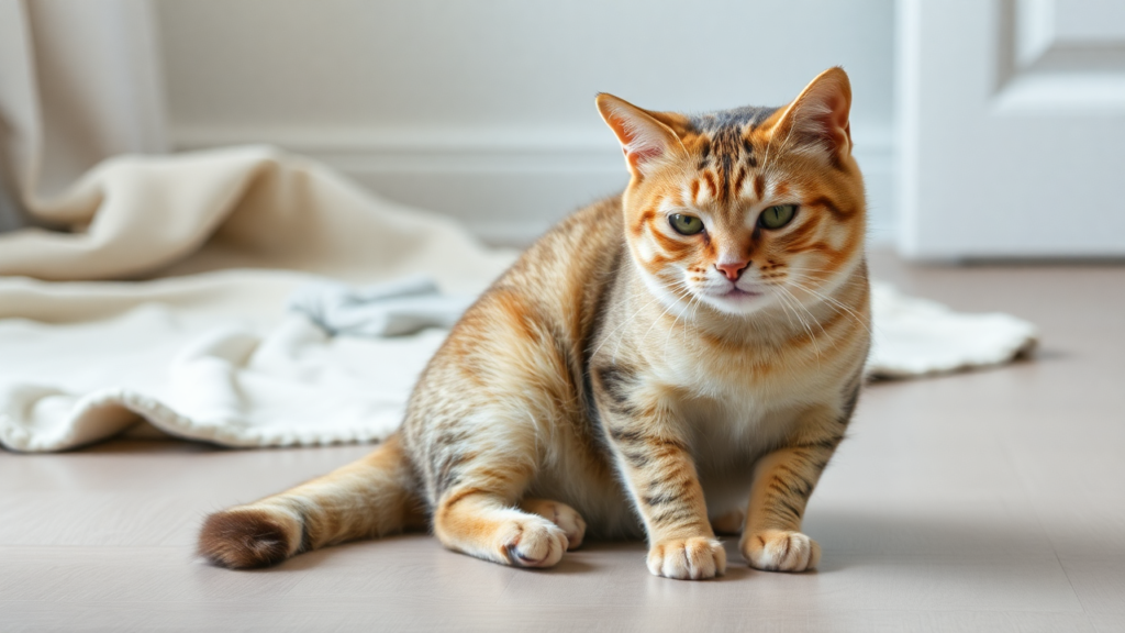 A cat sitting on the floor, appearing slightly lethargic and uncomfortable.