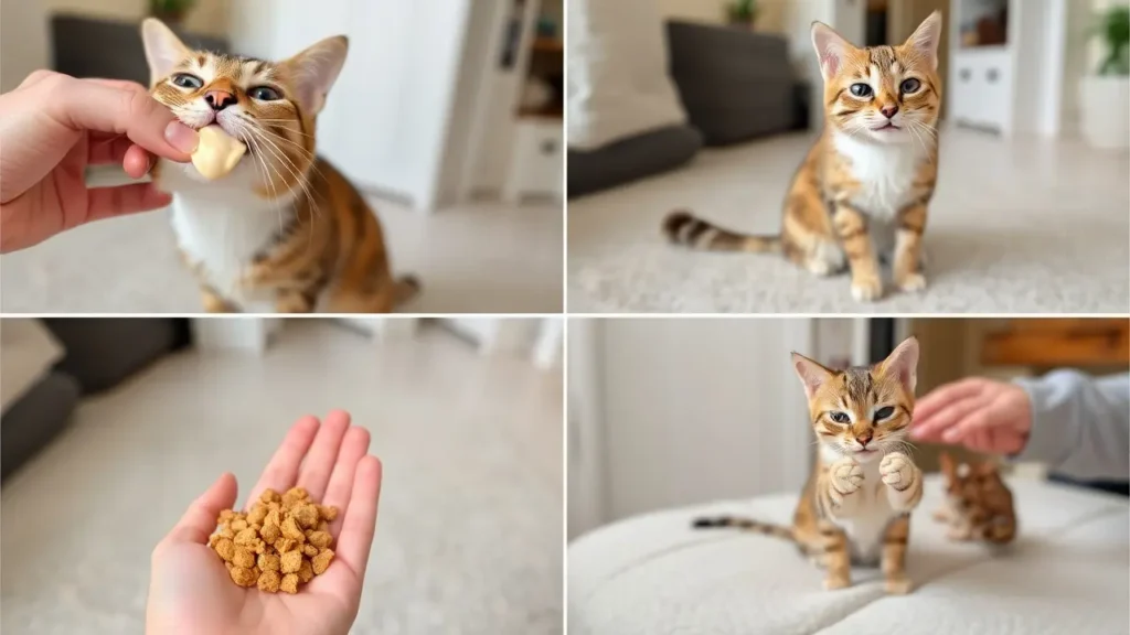 A sequence of images showing a cat enjoying creamy food directly, as a food topper, and during training.