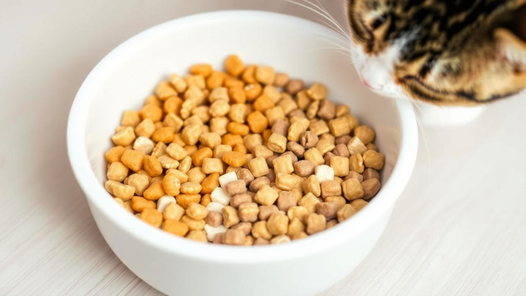 A bowl with mixed cat food, showing the gradual transition process, as a senior cat sniffs curiously.