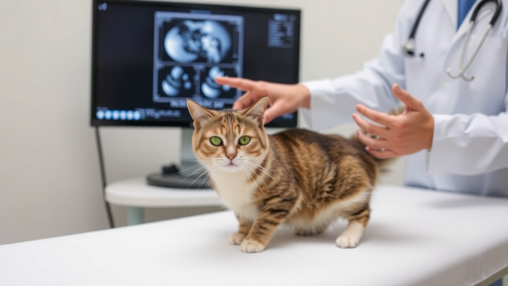 A veterinarian examines a cat with diagnostic tools in the background.