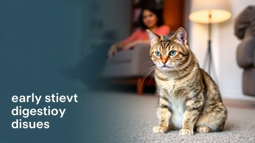 A domestic cat sitting on a carpet, observed by a concerned owner in a cozy home.